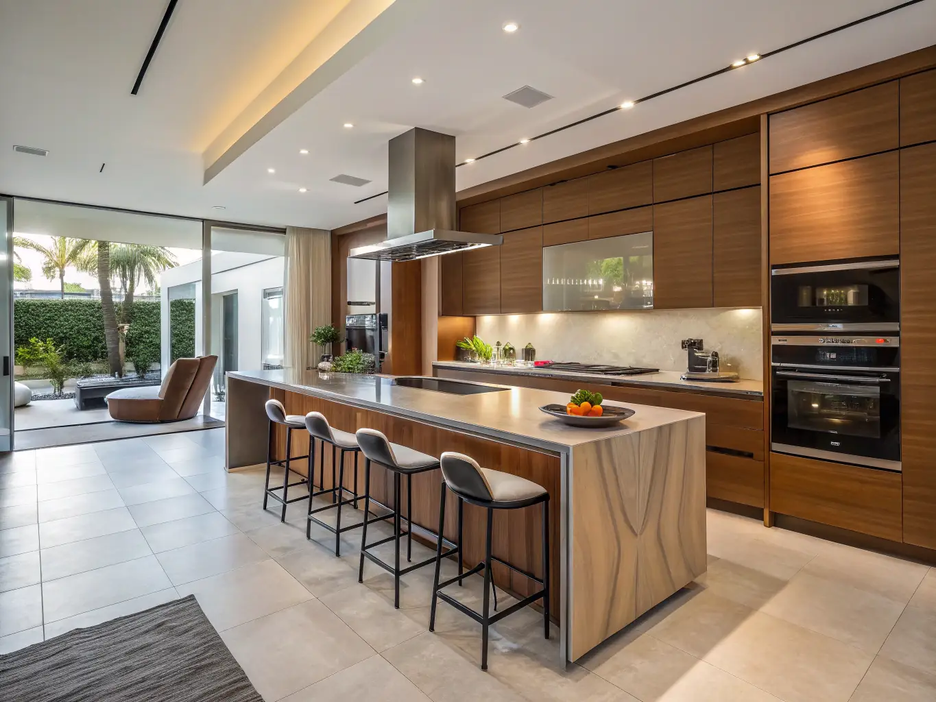 A bright, modern kitchen featuring stainless steel appliances, granite countertops, and custom cabinetry, showcasing a recent kitchen renovation project by RJ Squared.