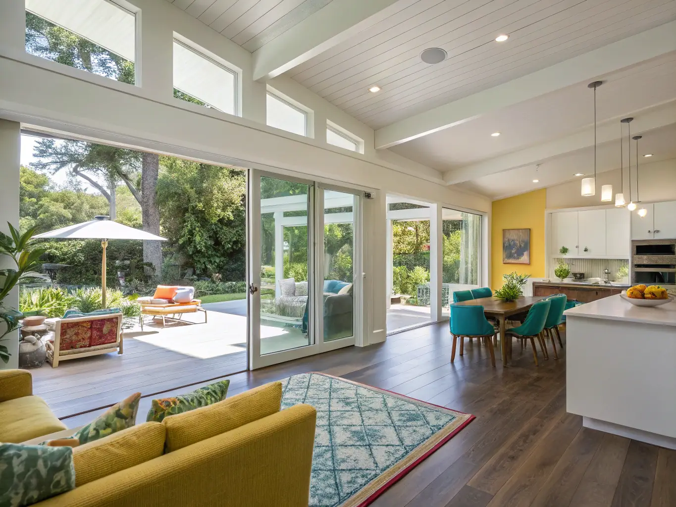 An open-concept living area showcasing a complete home remodel, with new flooring, updated lighting, and modern furniture, reflecting RJ Squared's full home remodeling capabilities.