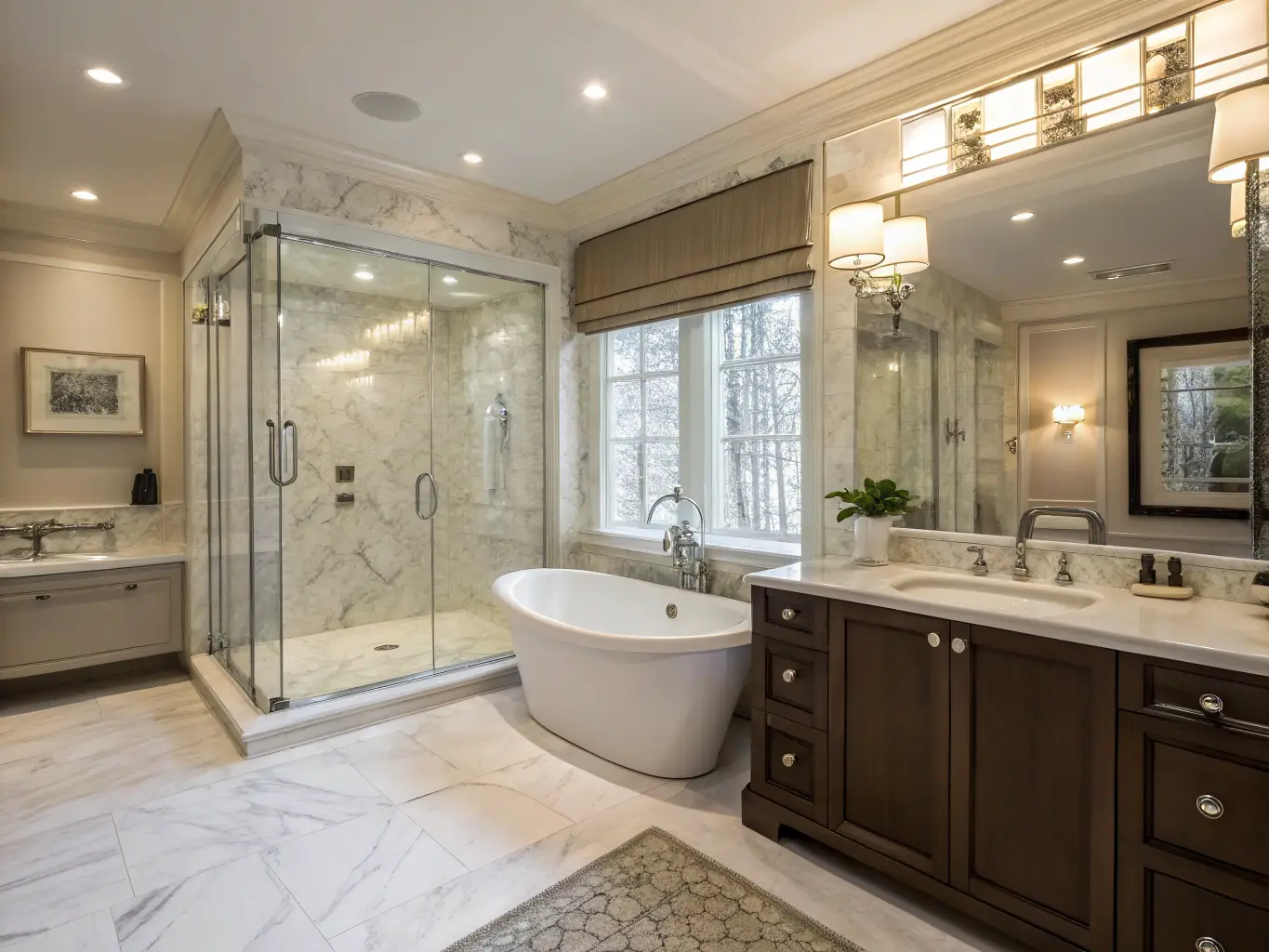 A luxurious bathroom featuring a soaking tub, walk-in shower, and elegant tile work, highlighting RJ Squared's bathroom remodeling expertise.